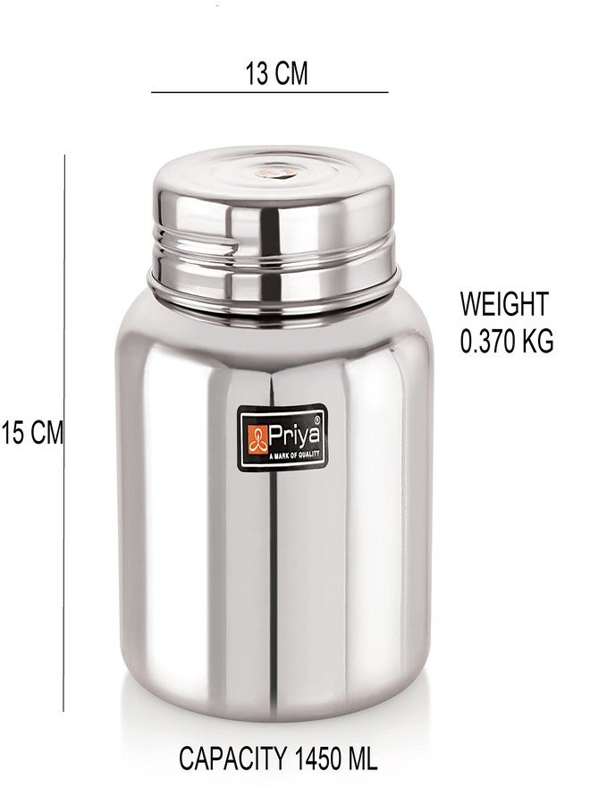 Priya Stainless Steel Jar/Dabba/Canister for Kitchen Storage - Set of 2, 1450ml Each, Thread Style Fitting, Airtight, Rust-Resistant, Durable Containers for Spices, Grains, Snacks - Silver Finish - Image 2